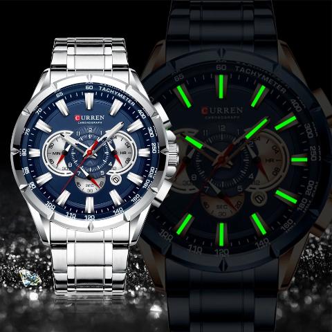 CURREN Wrist Watch Chronograph Military Army Stainless Steel Sport Watches 8363, silver blue, Quartz Movement